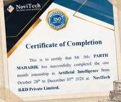 NoviTech R&D Pvt. Ltd. Certificate of Completion in Artificial Intelligence for Parth Mahadik