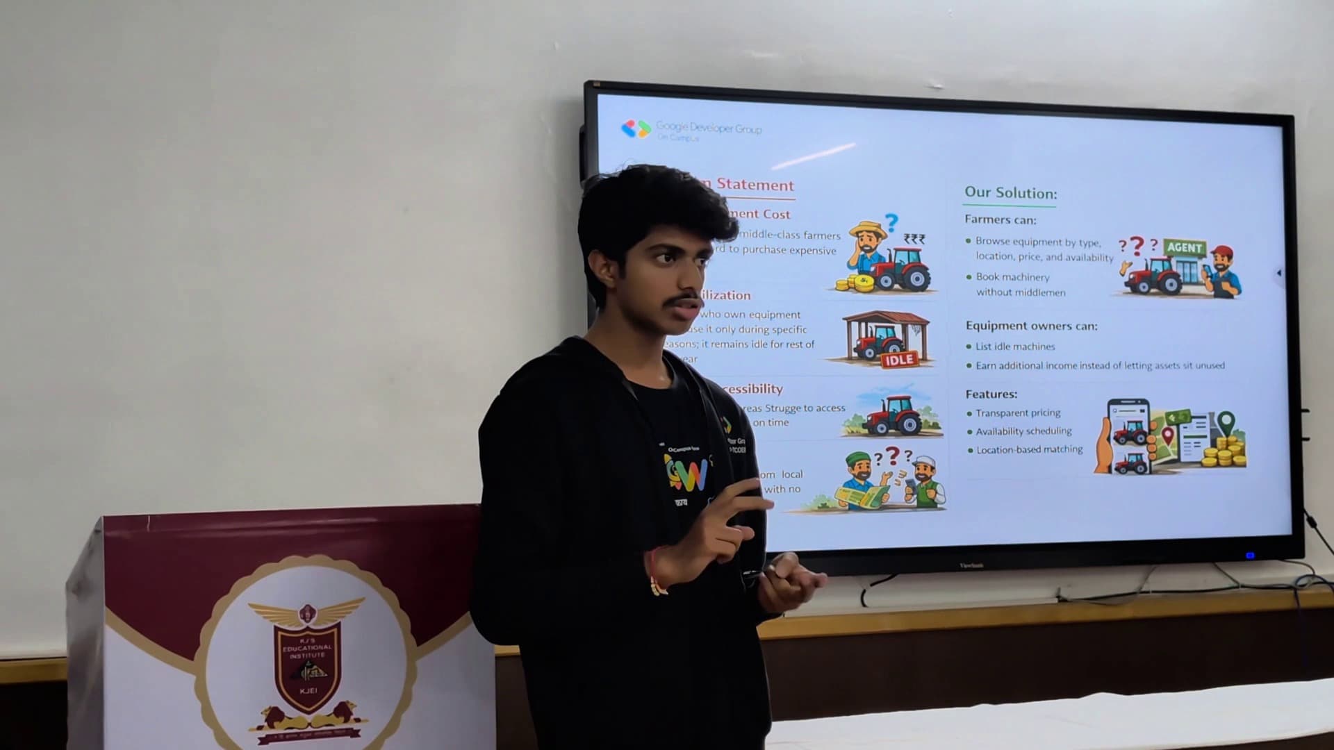 Parth Mahadik presenting AgroRent problem statement and solution at Google Developer Group event