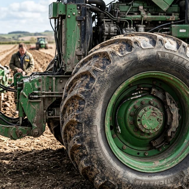 AI machinery inspection closeup of tractor wheel and engine